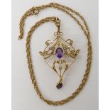 A 9ct gold Edwardian pendant set with pearls and amethyst, length 5.5cm and the chain 46cm, weight