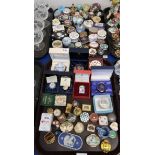 A large collection of trinket boxes including Halcyon Days, Crummles, Staffordshire Enamel, Wedgwood