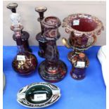 A collection of ruby flashed glass ware with gilded decoration and a green glass ashtray with