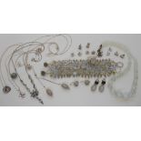 A collection of silver and moonstone jewellery and a string of opalite glass beads and other items