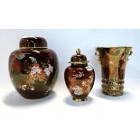 A Carlton Ware Rouge Royale Spiders web pattern vase, together with a ginger jar and a lidded jar