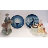 A Royal Doulton figure Meditation, a Lladro girl and goat and a Royal Copenhagen plate and a B & G