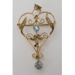 A 9ct blue gem and pearl Edwardian pendant brooch, dimensions 5.5cm x 2.8cm, weight 3.1gms Condition