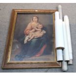 A lot comprising a print of the Madonna and Child, assorted posters, architectural drawings for