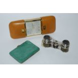 A Shagreen cigarette case, opera glasses and travel clock (3) Condition Report: Available upon