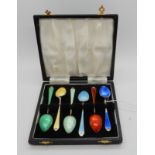 A cased set of six silver and enamel coffee spoons, Birmingham marks Condition Report: Available