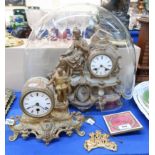 A French gilded clock under glass dome (no base), another clock depicting a scholar and a