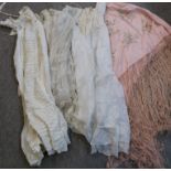A child's christening gown, a peach silk piano shawl etc Condition Report: Available upon request