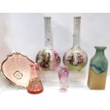 A pair of continental bottle vases, a pink glass water pitcher and glass and other items (6)