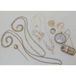 Silver and moonstone jewellery, silver chains, a silver fob watch with decorative enamelled dial and