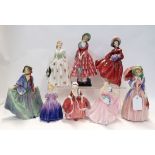 Eight Royal Doulton figures including Lilac Time, Miss Demure, Sweet Anne, Invitation, Priscilla,