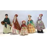 Five Royal Doulton figures including Paisley Shawl, Priscilla, Victorian Lady in green and yellow