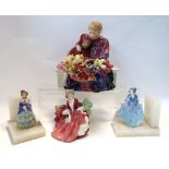 Royal Doulton figures including The Flower Sellers Children, Lydia and two mounted on onyx