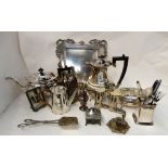 A tray lot of EP - part tea service, small chamberstick, toothpick holders etc Condition Report: