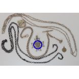 A silver fob chain, enamelled School medallion dated 1866, a horse hair chain and other items