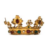 An adjustable gilt metal crown with green, red and clear paste set gems Condition Report:
