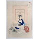 JAPANESE SCHOOL Two ladies making miniature gardens, print, 32 x 22cm D Y CAMERON Amboise, signed,