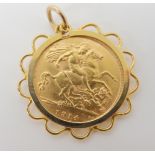 A 1914 gold half sovereign in 9ct pendant mount, weight 5.4gms Condition Report: Available upon