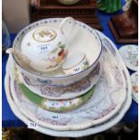 A Meissen teapot printed with fruit and flowers and a similar sugar bowl, three puce transfer