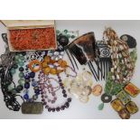A box of coral beads, vintage bead necklaces, tins and other items Condition Report: Not available