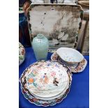 A Japanese stork decorated tray, a green glazed tray, Imari dish, a pair of plates etc (9) Condition