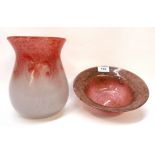 A Scottish glass vase with red and white swirling design and a dish with pink and aventurine