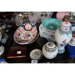 Two blue and white Chinese tazzas, two Imari dishes, lidded jar and other items Condition Report: