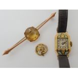 A 9ct gold citrine brooch, 9ct case ladies vintage watch with enamel detail and a yellow metal pearl