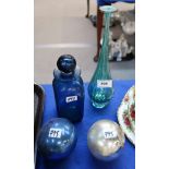 A Jane Charles blown glass vase, two small witches balls and a blue glass decanter Condition Report: