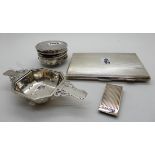 A lot comprising a silver cigarette case, money clip, tea strainer and a jewellery box, assorted