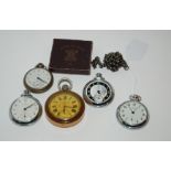 Five various pocket watches, watch chain, Festival of Britain coin etc Condition Report: Available