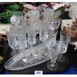 Assorted glassware with etched decoration, two cut glass pickle jars in stand etc Condition