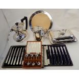A tray lot of EP - hot water pot, hotelware, entree dish, cased cutlery Condition Report: