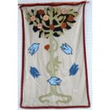 A Glasgow School textile panel depicting a flowering tree and birds, with sewn mark to underside JEL