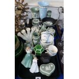 A collection of Wedgwood jasperware in green and black, Embossed Queen's Ware teaset, two Doulton