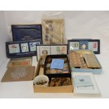 A large box of mainly copper coins, medallic first day covers etc Condition Report: Available upon
