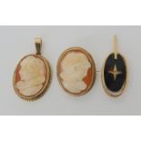 A 9ct gold cameo pendant with matching brooch, and a 9ct gold bloodstone and diamond pendant, weight