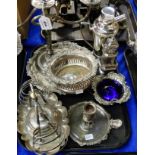 A tray lot of EP - candelabrum, cocktail shaker, wine coaster, chamberstick etc Condition Report: