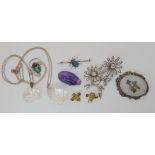 A carved amethyst beetle, rock crystal drops, a paste set flower brooch and other items Condition