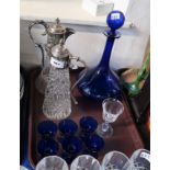 Two EP mounted claret jugs, a Bristol blue glass decanter and glasses etc Condition Report:
