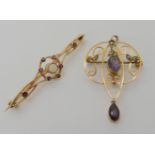 A 9ct gold Edwardian pendant brooch set with amethysts and pearls, length 4.4cm, together with a 9ct