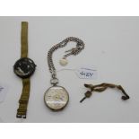 A lot comprising a Military wrist compass and a silver cased pocket watch on silver chain (2)
