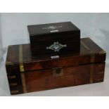 A Victorian rosewood and brass bound writing slope, 50cm wide and an inlaid jewellery box (2)