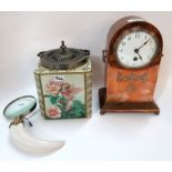 A Carltons Fantasia Ware Burslem flower Fairy biscuit barrel, a magnifying glass and a copper