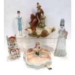 An Italian pottery figure of a girl, Coalport figure of a girl, a Royal Dux maiden by a shell and