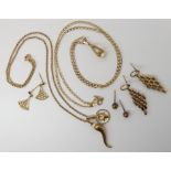 Three 9ct pendants with two 9ct chains and three pairs of earrings, weight together 11.4gms