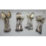 A part suite of silver cutlery, London 1853 comprising seven tablespoons, seven dinner forks, six