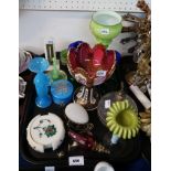 Assorted coloured glassware including Bohemian goblet, cranberry glass cockatoo oil bottle, vases