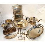 A tray lot of EP - tea service, basket, toastracks etc Condition Report: Available upon request
