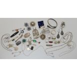 Vintage silver gem set rings, a continental retro mask pendant, silver chains etc Condition